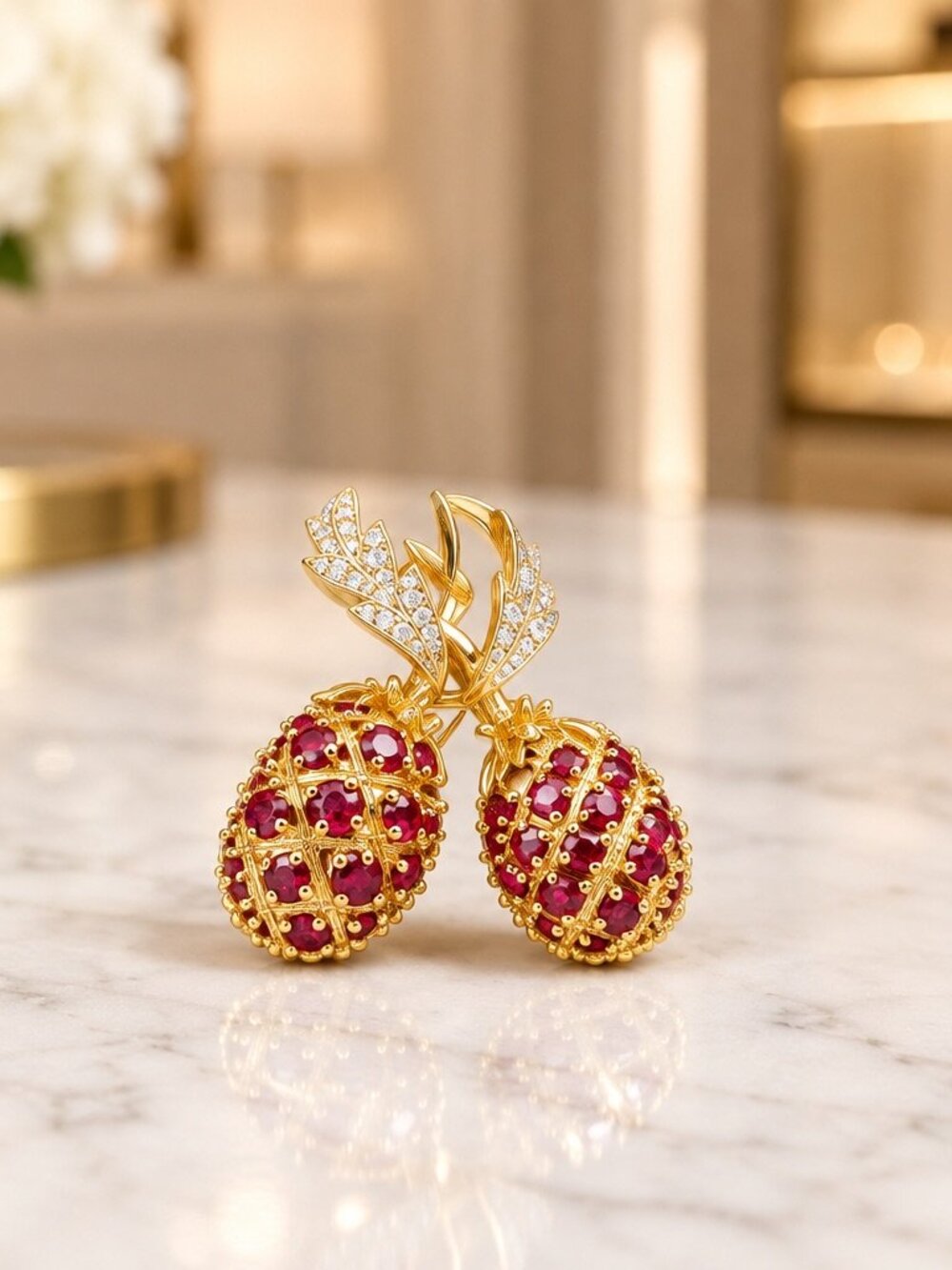 Camrose & Kross Gold-Tone Pineapple Brooch With Red & Clear Crystals 2 Inches